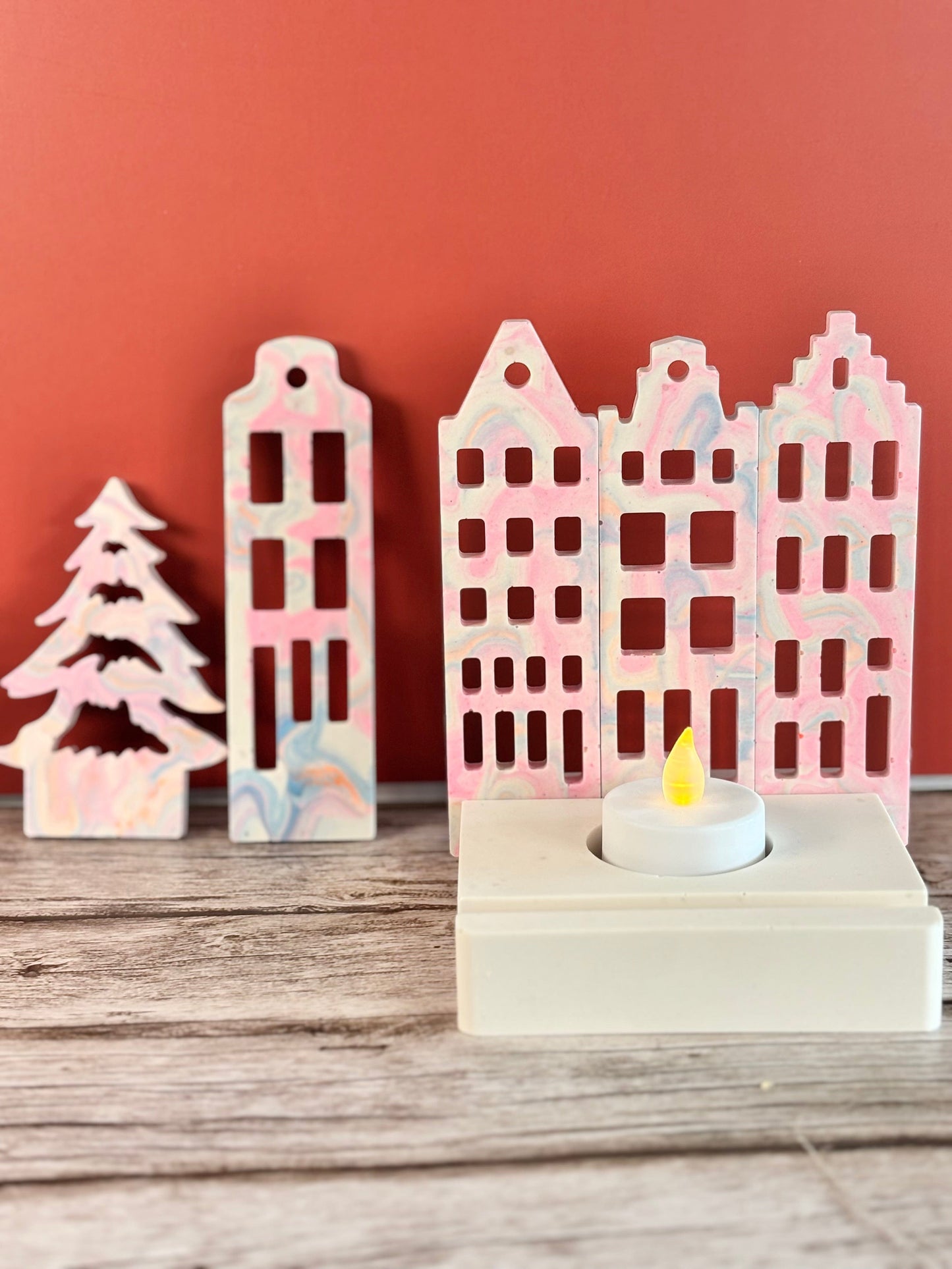 Casette olandesi Aurora con albero in eco resina con base porta-lumino quadrata