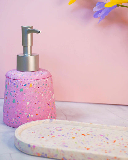 Set Bagno Rosa Confetti - Vassoio e Dispenser per sapone liquido - Fatto a Mano - Kookie.it