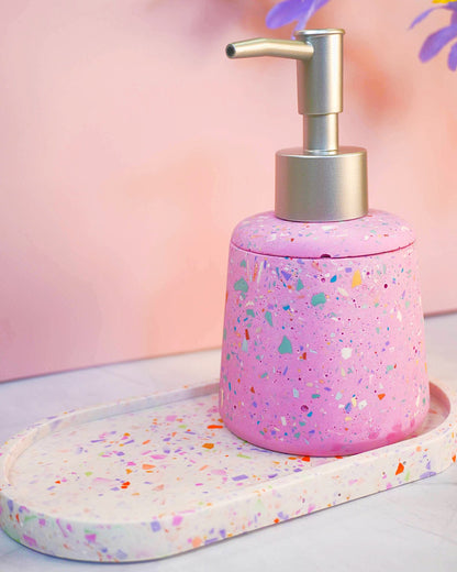 Set Bagno Rosa Confetti - Vassoio e Dispenser per sapone liquido - Fatto a Mano - Kookie.it