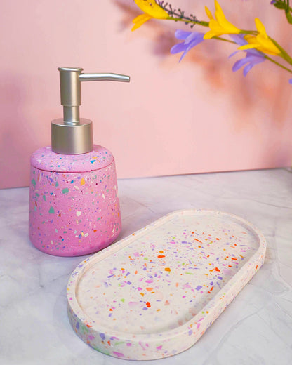 Set Bagno Rosa Confetti - Vassoio e Dispenser per sapone liquido - Fatto a Mano - Kookie.it